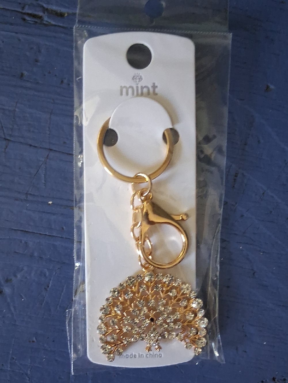 Mint Gold Peacock Crystal Keychain Charm